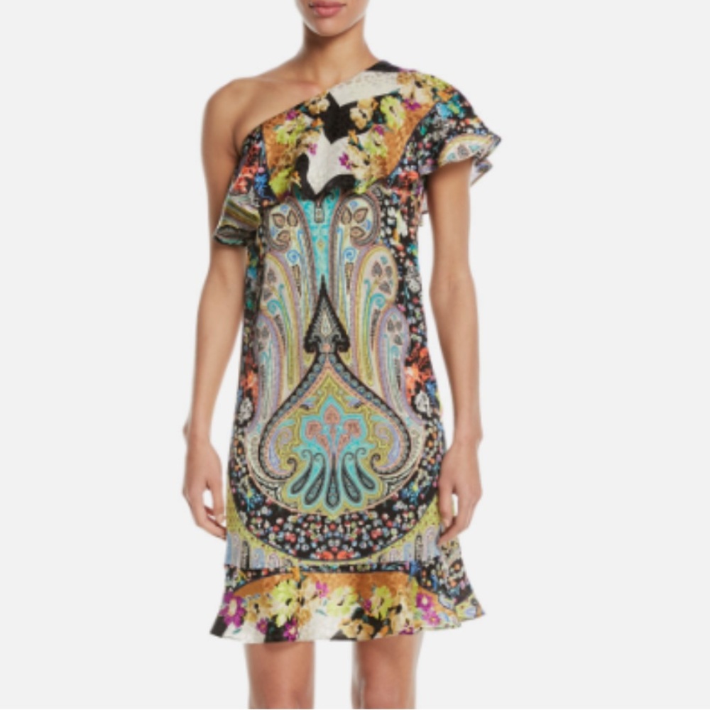ETRO Floral Paisley One-Shoulder Ruffle Silk Cocktail Dress, Size M